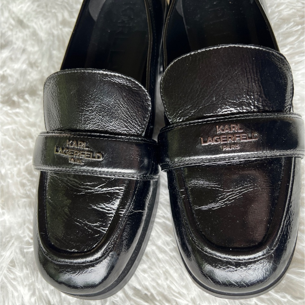 Karl Lagerfeld Malden Glossy Black Loafers Academia Blokecore Size 10M Preppy